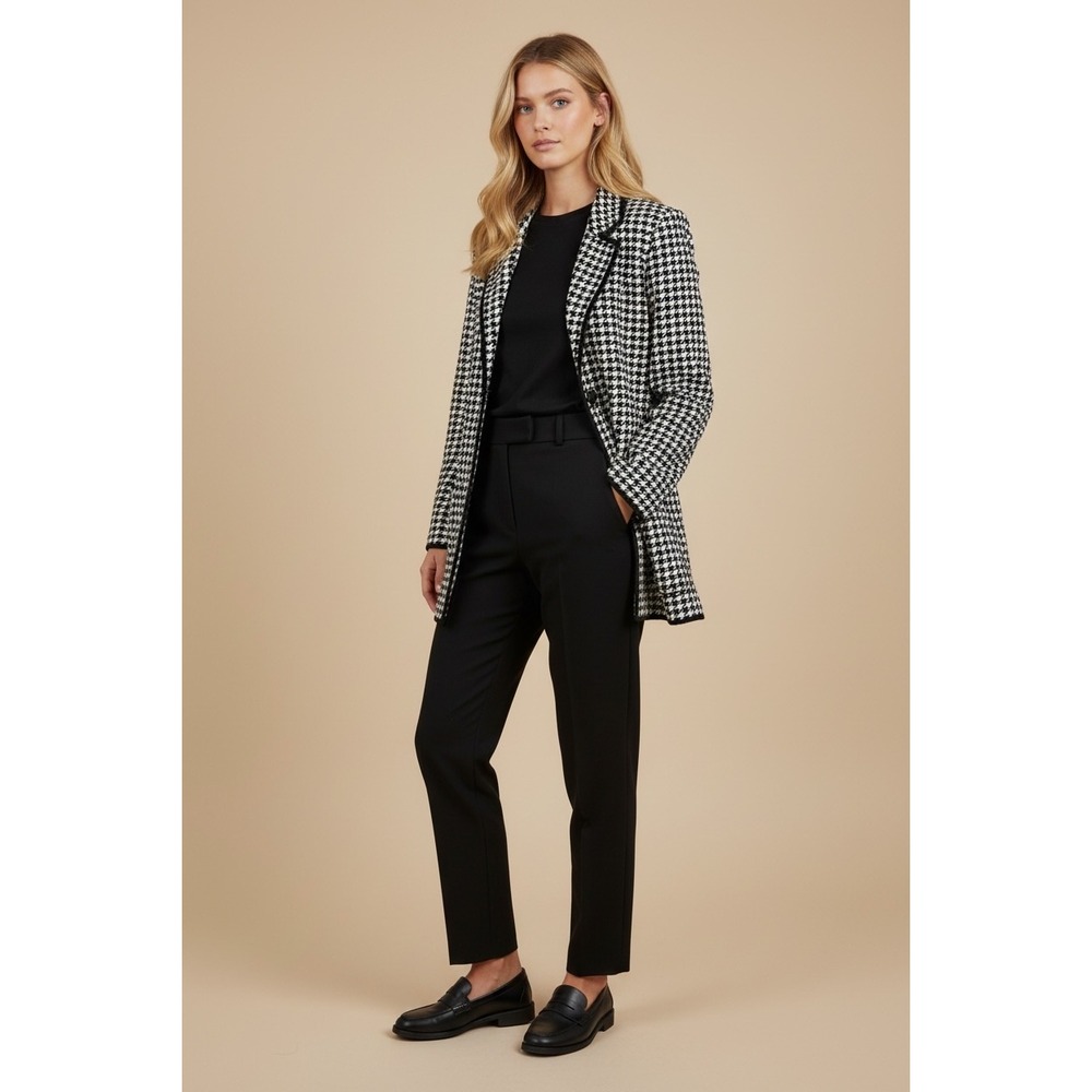 Kate Hill Italian Merino Wool Houndstooth Knit Blazer Jacket Large Black White‎